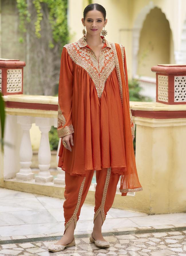 Chinnon Orange Festival Wear Lace Work Readymade Dhoti Suit